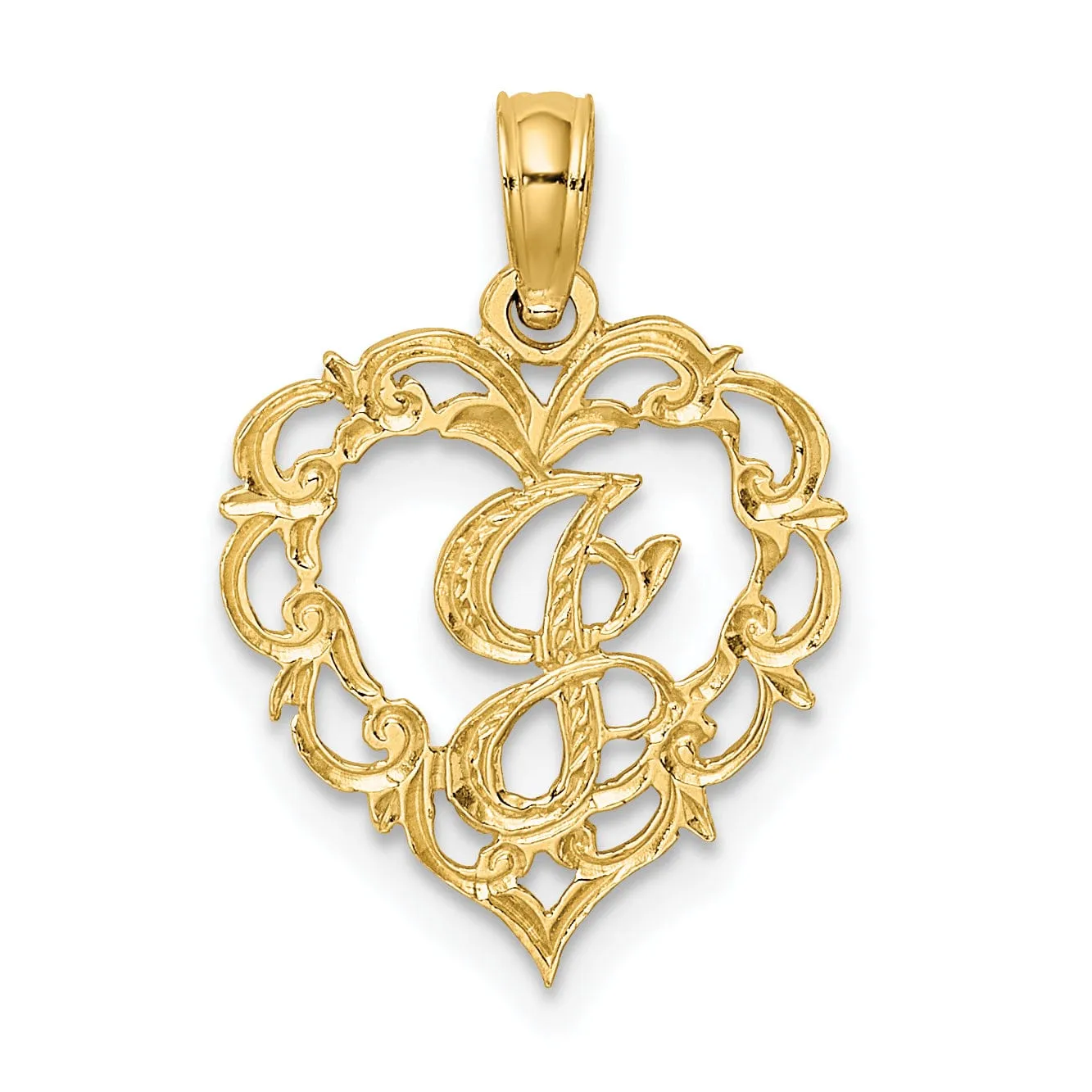 14K Yellow Gold Heart Shape Fancy Script Letter J Initial Charm Pendant