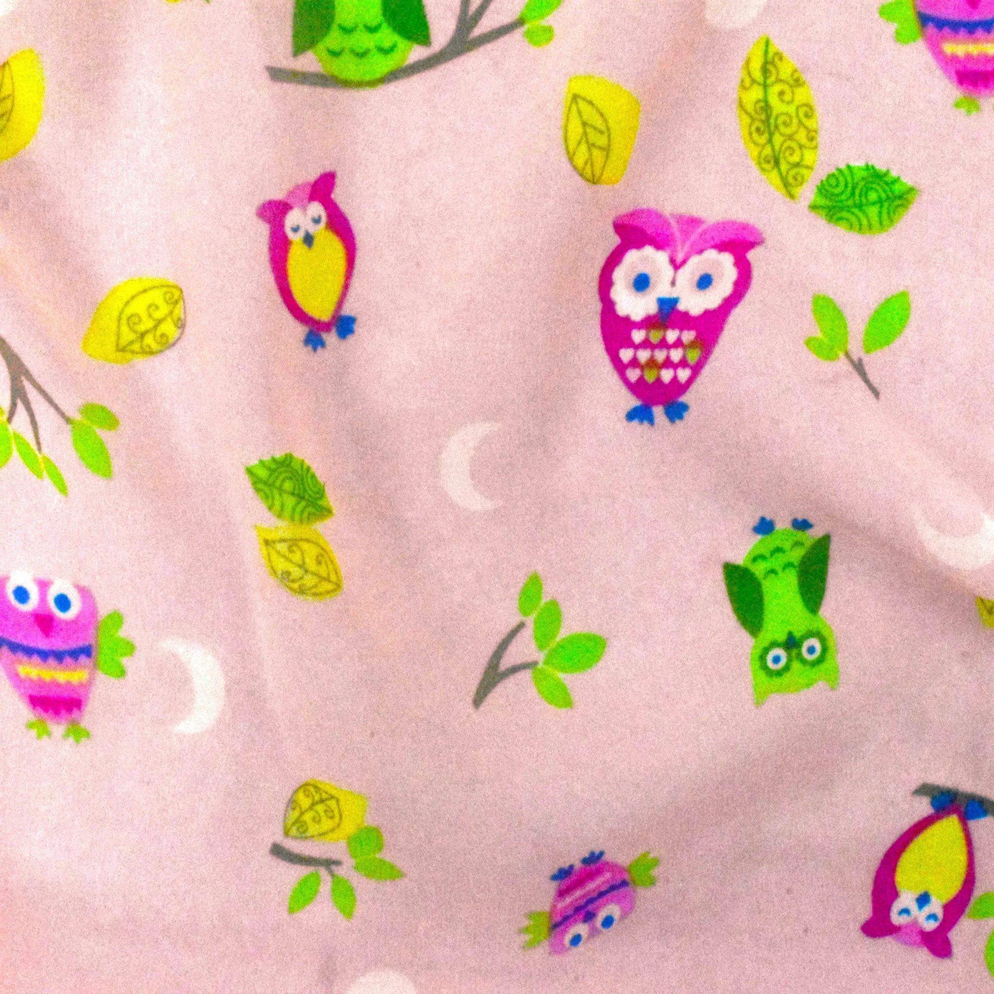 Apricot Pink-Multi Cartoon Owl Leaves Printed Poly Chiffon Woven Fabric