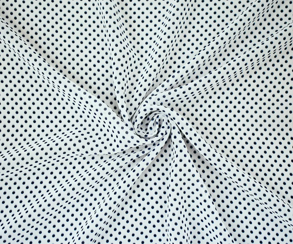 Blue-White Polka Dots Printed Poly Chiffon Woven Fabric