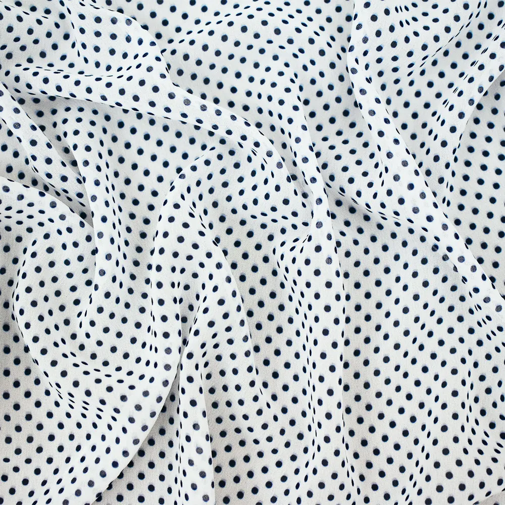 Blue-White Polka Dots Printed Poly Chiffon Woven Fabric