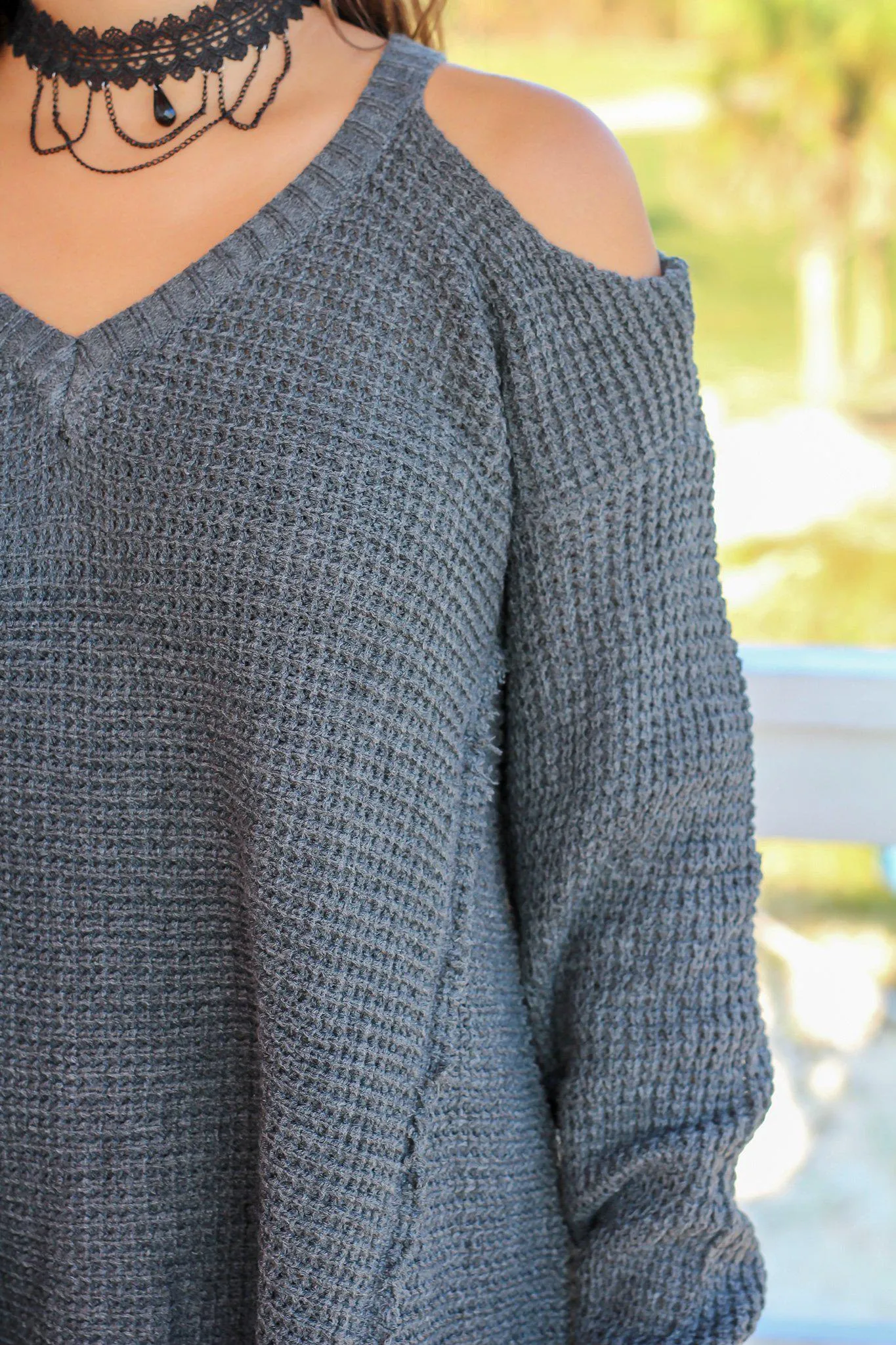 Charcoal Knit Cold Shoulder Sweater