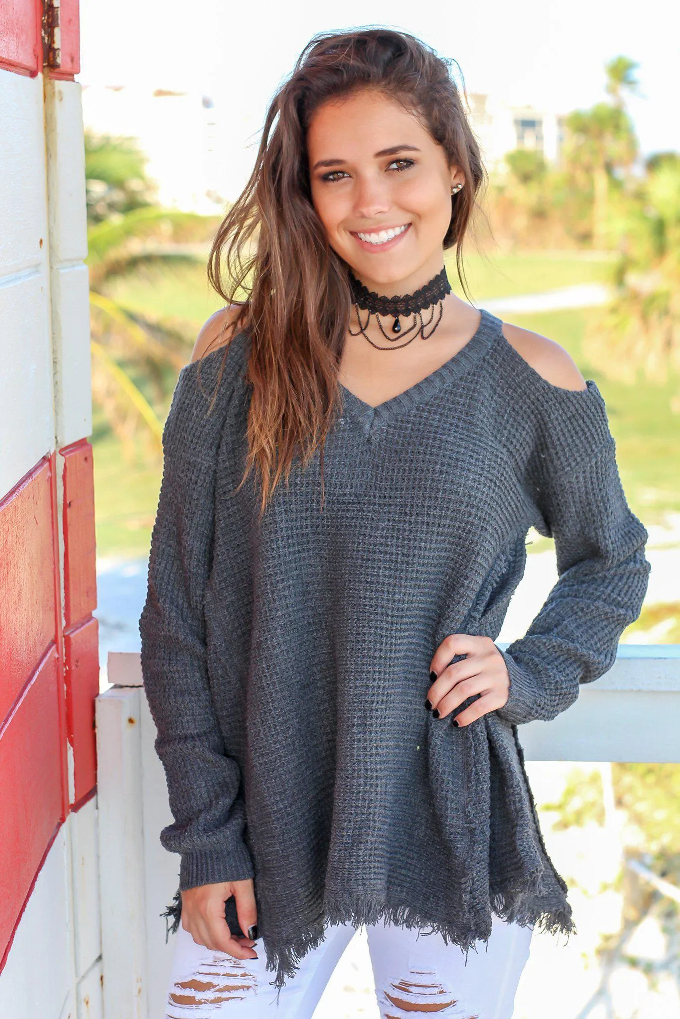 Charcoal Knit Cold Shoulder Sweater