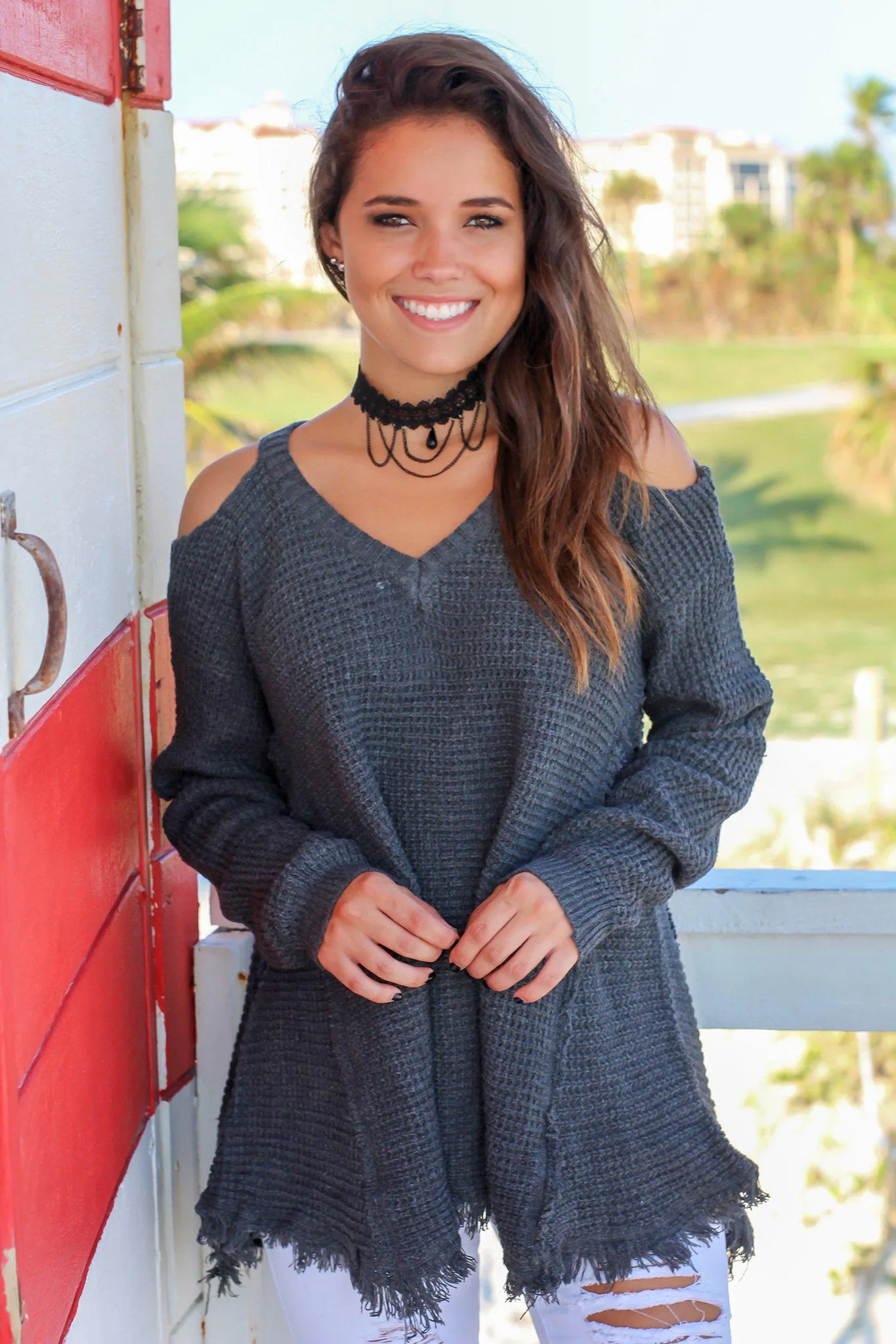 Charcoal Knit Cold Shoulder Sweater