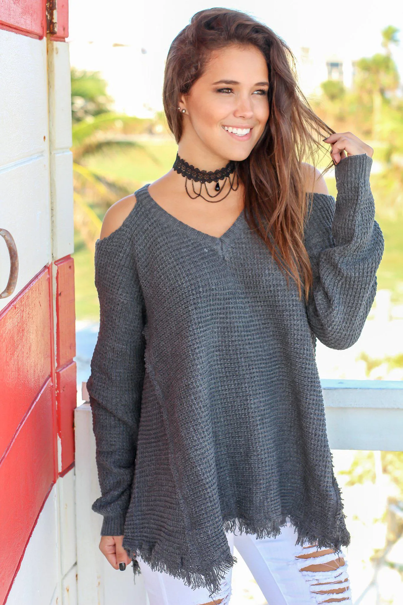 Charcoal Knit Cold Shoulder Sweater