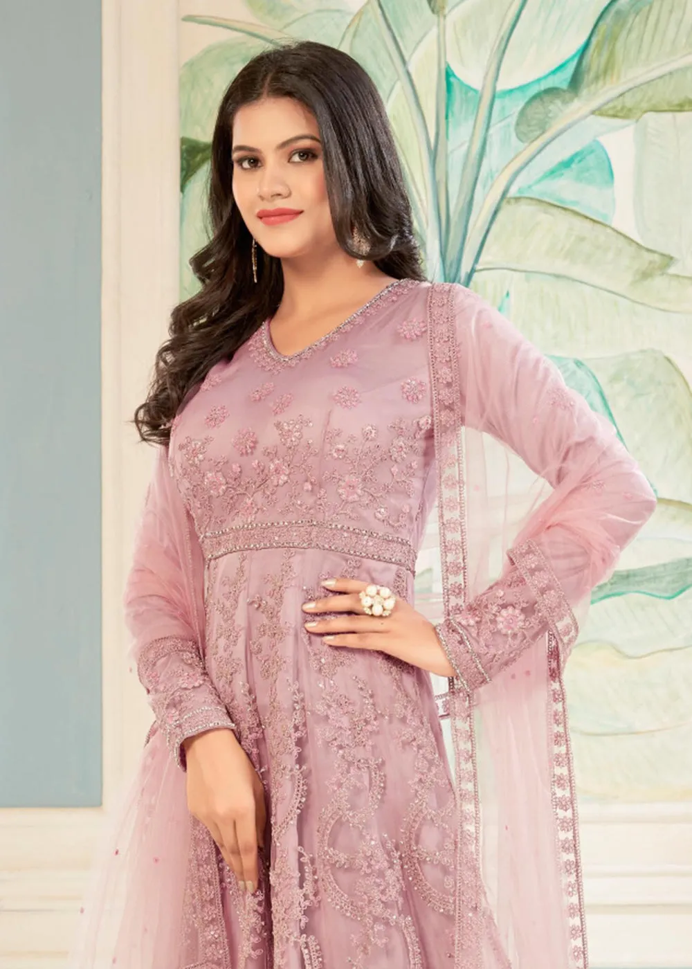 Charming Pink Thread Embroidered Wedding Wear Anarkali Suit