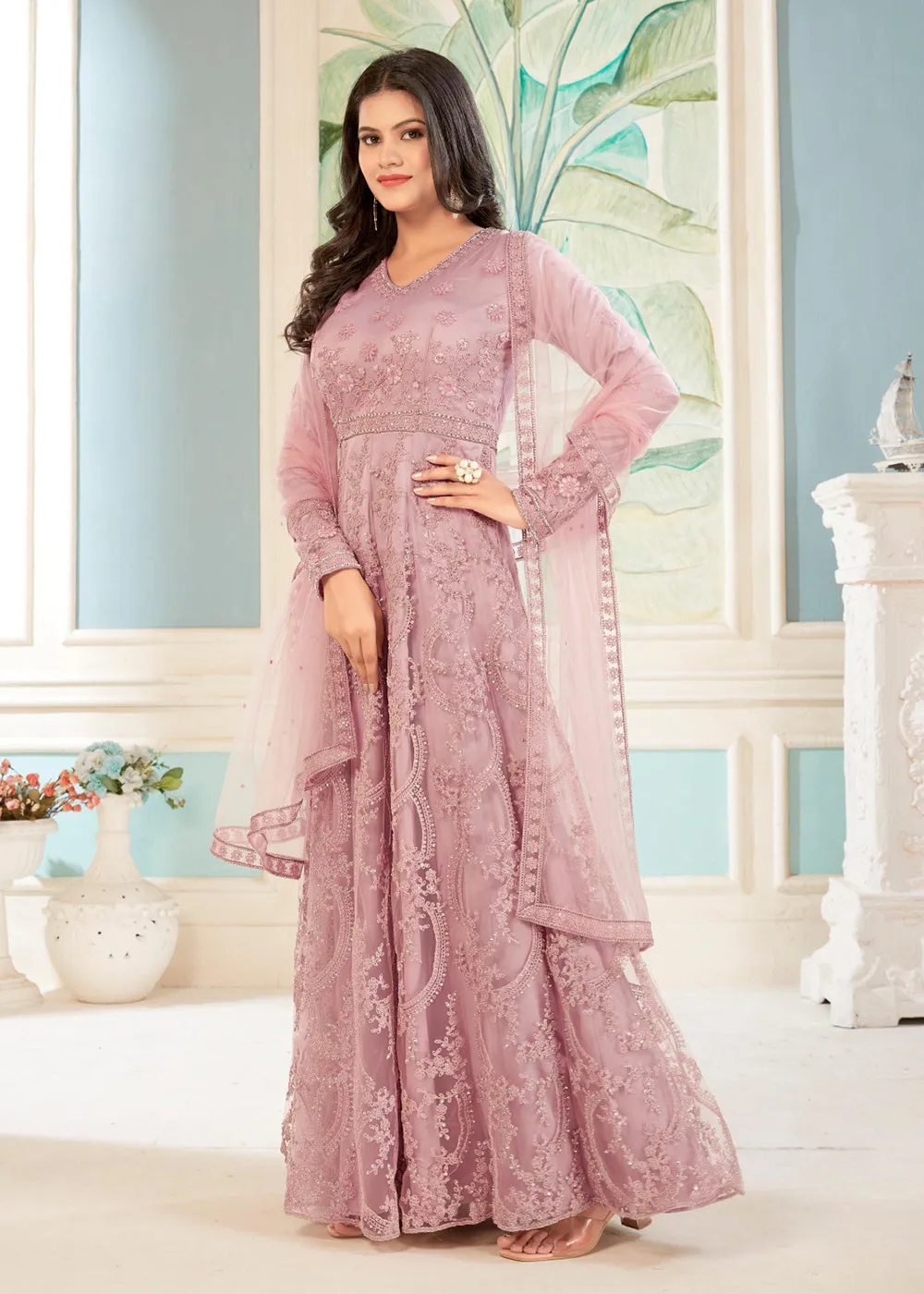 Charming Pink Thread Embroidered Wedding Wear Anarkali Suit