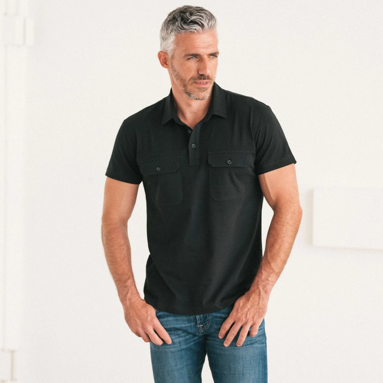 Constructor Short Sleeve Polo Shirt –  Black Cotton Jersey