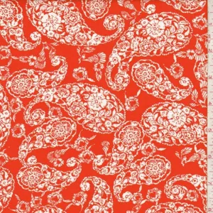 Coral Red/White Floral Paisley Rayon Challis Fabric