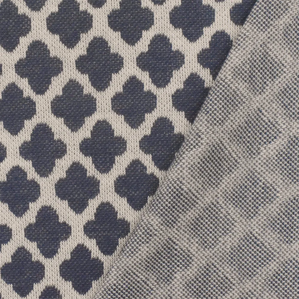 Dusty Blue-Taupe Quatrefoil Poly-Cotton Stretch Double Knit Fabric