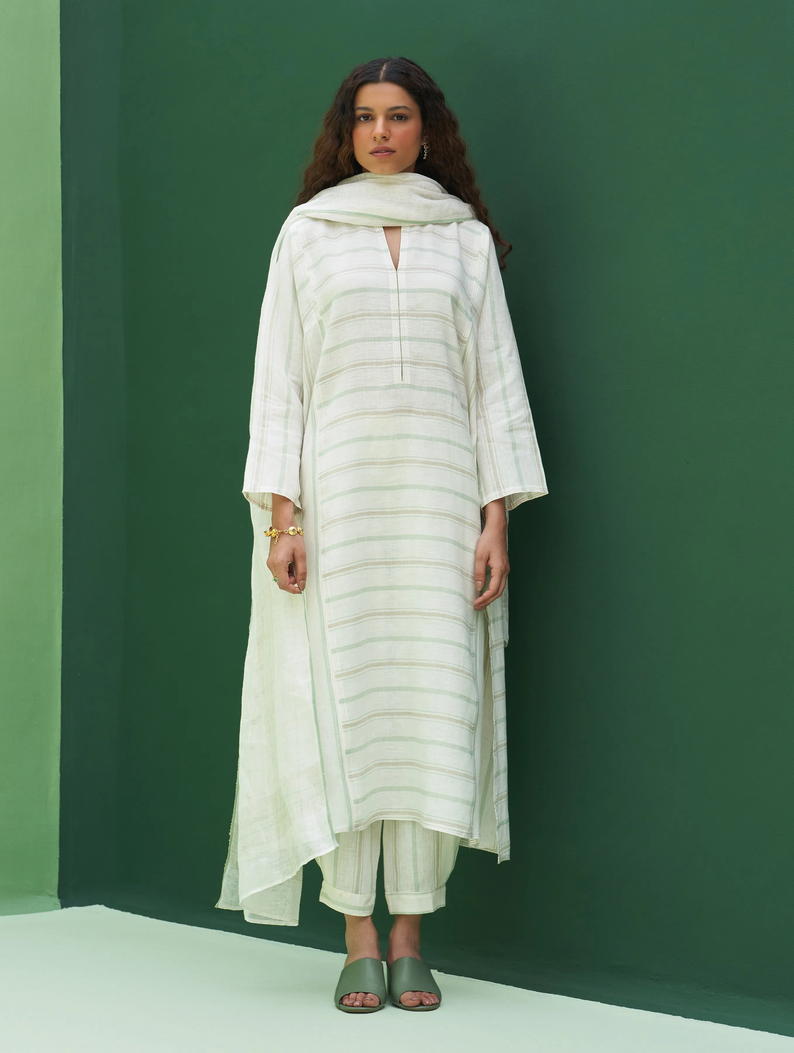 Ezra Striped Linen Kurta Set - Mint