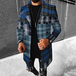 Fashion Patchwork Blue Check Casual Coat