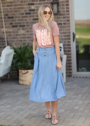 Faux Button Flowy Chambray Midi Skirt