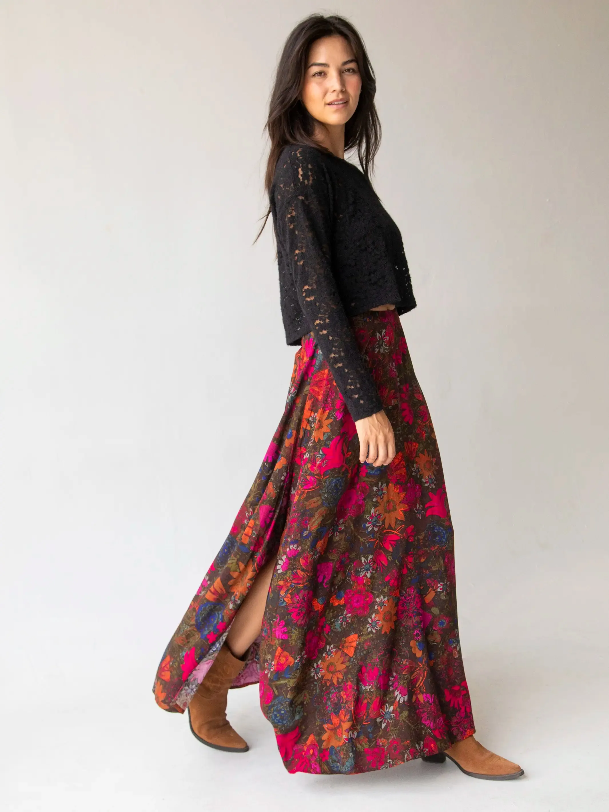 Ginger Side-Slit Maxi Skirt - Pink Calico Floral