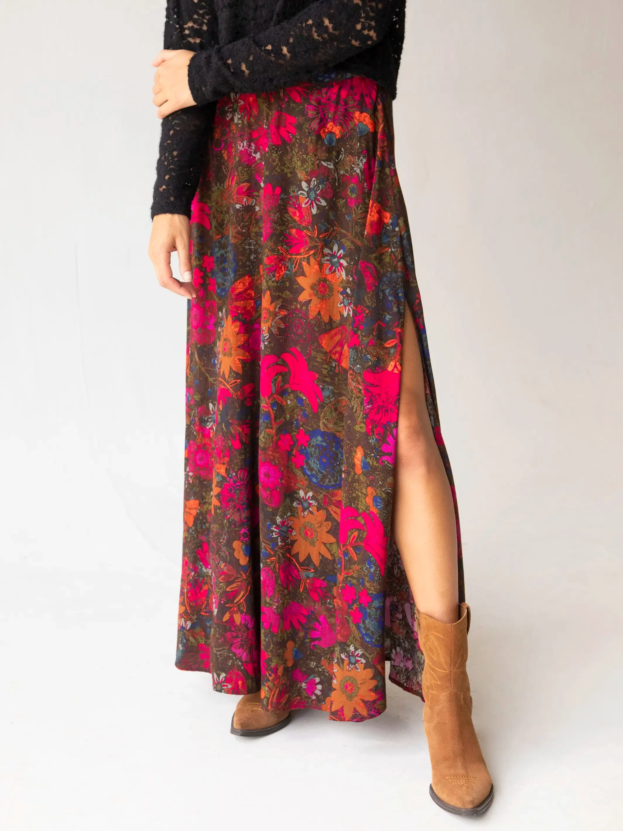 Ginger Side-Slit Maxi Skirt - Pink Calico Floral