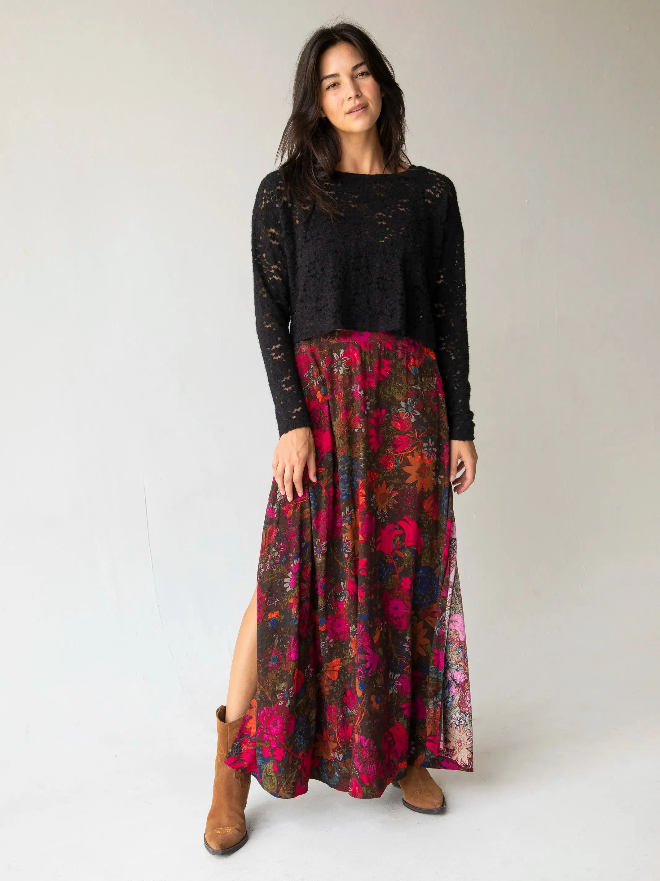 Ginger Side-Slit Maxi Skirt - Pink Calico Floral