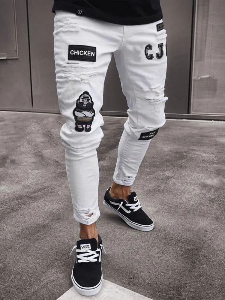 Hip Hop Cartoon Print Ripped Jeans