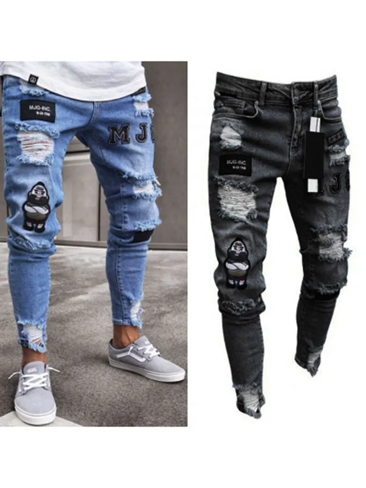 Hip Hop Cartoon Print Ripped Jeans