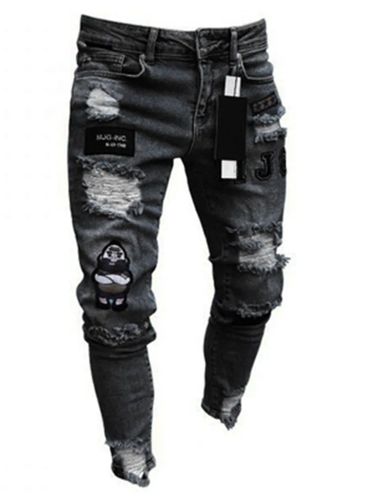 Hip Hop Cartoon Print Ripped Jeans