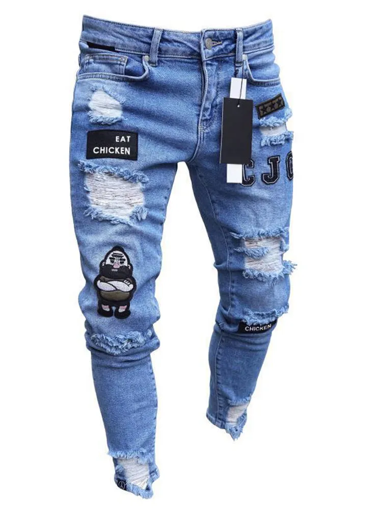 Hip Hop Cartoon Print Ripped Jeans