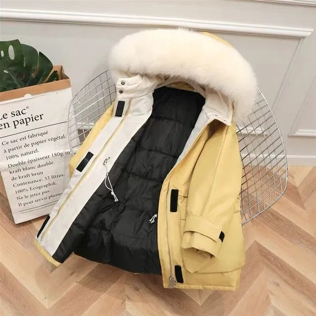 Large Natural Raccoon Fox Fur Hooded Winter Down Coat