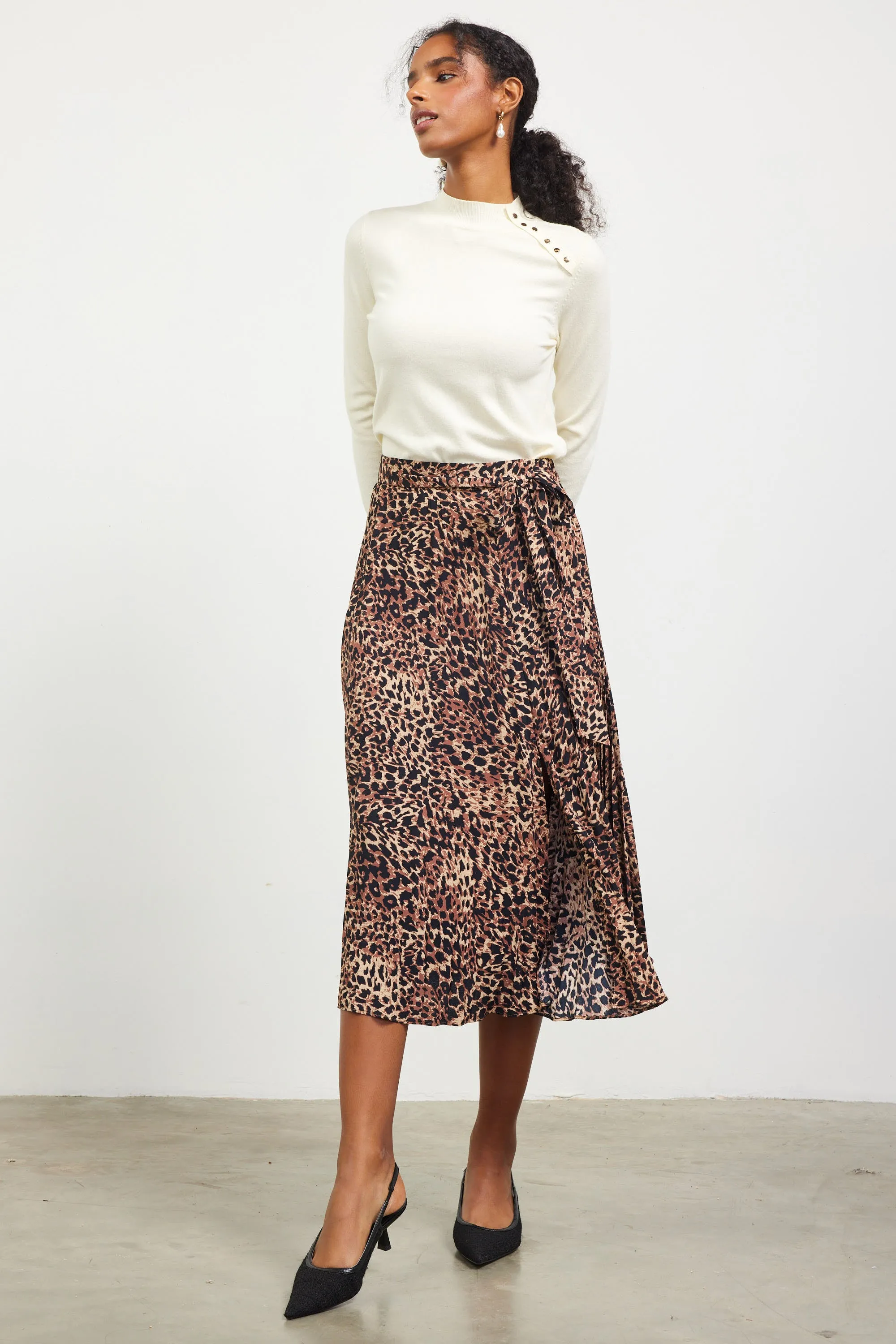 Leopard Print Pleated Midi Skirt