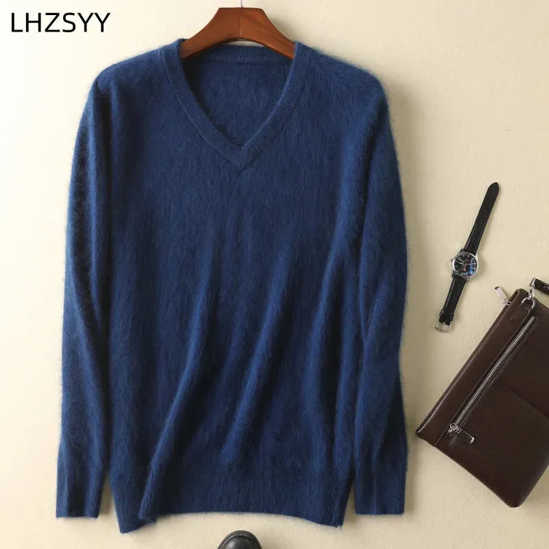 LHZSYY Men's 100% Mink Cashmere Large Size Sweaters Autumn Winter Solid V-neck Casual Knit Pullovers Men Long Sleeve Warm Jumper