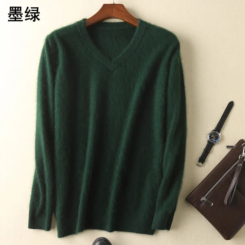 LHZSYY Men's 100% Mink Cashmere Large Size Sweaters Autumn Winter Solid V-neck Casual Knit Pullovers Men Long Sleeve Warm Jumper