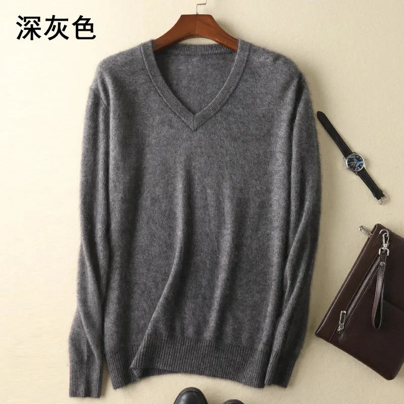 LHZSYY Men's 100% Mink Cashmere Large Size Sweaters Autumn Winter Solid V-neck Casual Knit Pullovers Men Long Sleeve Warm Jumper