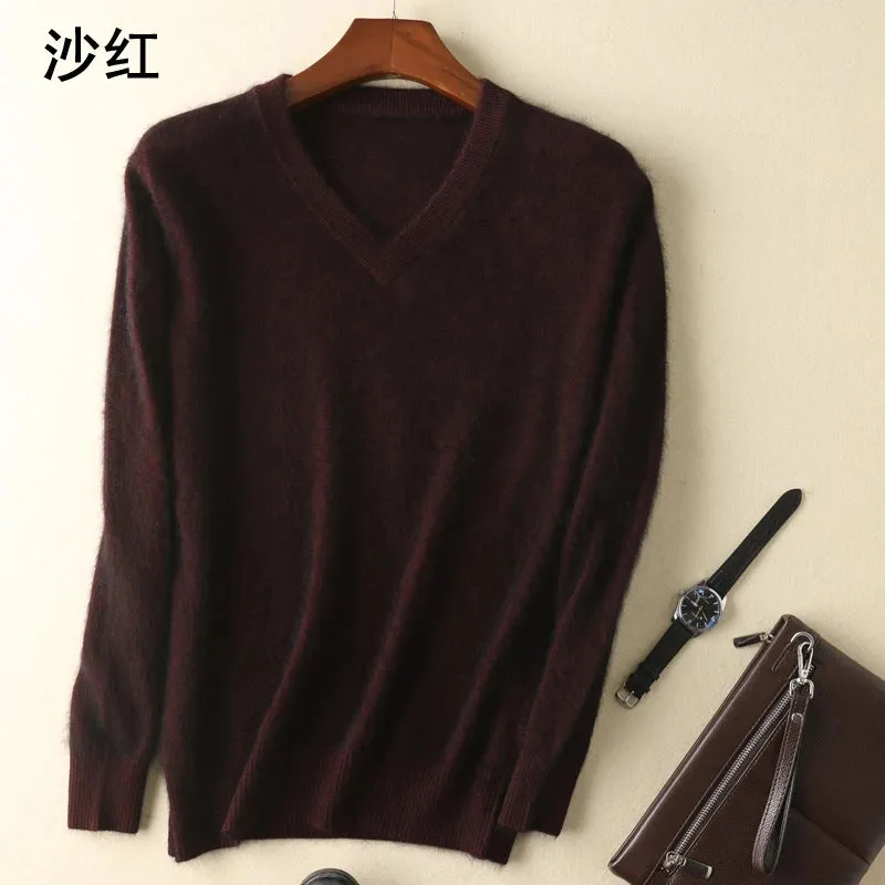 LHZSYY Men's 100% Mink Cashmere Large Size Sweaters Autumn Winter Solid V-neck Casual Knit Pullovers Men Long Sleeve Warm Jumper