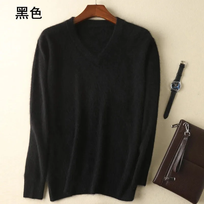 LHZSYY Men's 100% Mink Cashmere Large Size Sweaters Autumn Winter Solid V-neck Casual Knit Pullovers Men Long Sleeve Warm Jumper