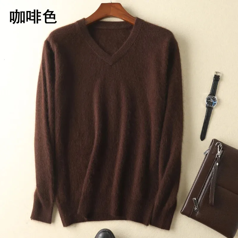 LHZSYY Men's 100% Mink Cashmere Large Size Sweaters Autumn Winter Solid V-neck Casual Knit Pullovers Men Long Sleeve Warm Jumper