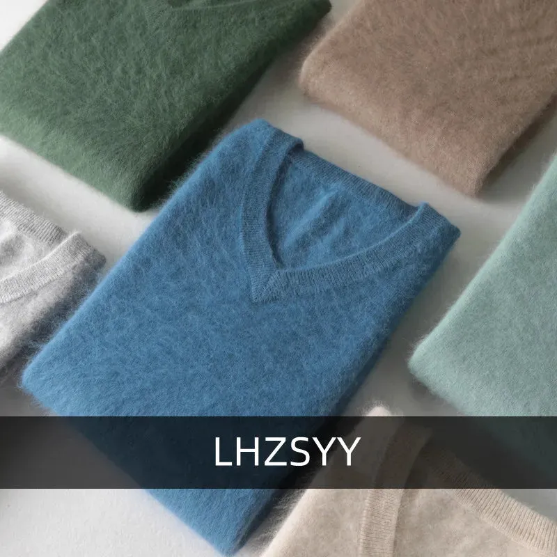 LHZSYY Men's 100% Mink Cashmere Large Size Sweaters Autumn Winter Solid V-neck Casual Knit Pullovers Men Long Sleeve Warm Jumper