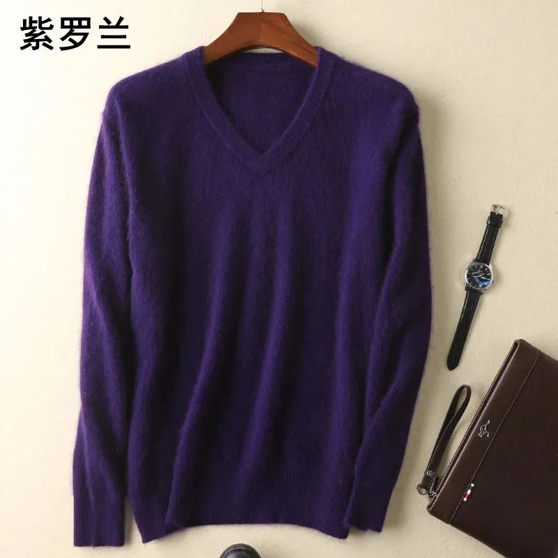 LHZSYY Men's 100% Mink Cashmere Large Size Sweaters Autumn Winter Solid V-neck Casual Knit Pullovers Men Long Sleeve Warm Jumper