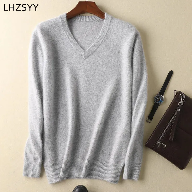 LHZSYY Men's 100% Mink Cashmere Large Size Sweaters Autumn Winter Solid V-neck Casual Knit Pullovers Men Long Sleeve Warm Jumper