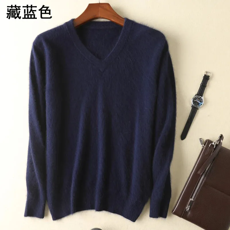 LHZSYY Men's 100% Mink Cashmere Large Size Sweaters Autumn Winter Solid V-neck Casual Knit Pullovers Men Long Sleeve Warm Jumper