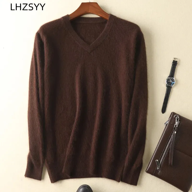 LHZSYY Men's 100% Mink Cashmere Large Size Sweaters Autumn Winter Solid V-neck Casual Knit Pullovers Men Long Sleeve Warm Jumper