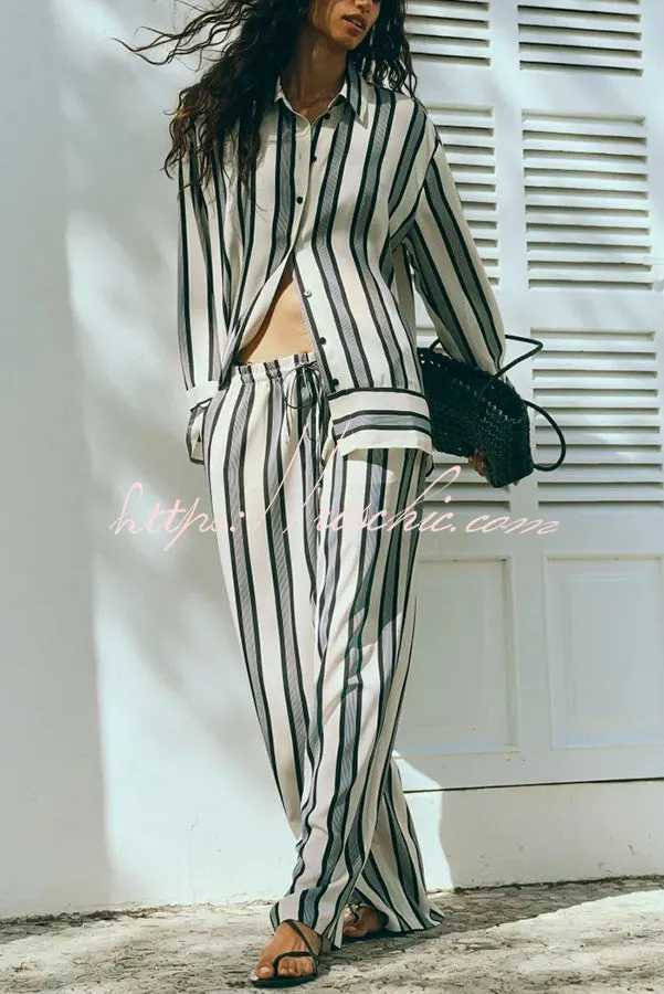 Lifetime of Happiness Striped Long Sleeve Loose Shirt and Elastic Waist Pocket Pants Set