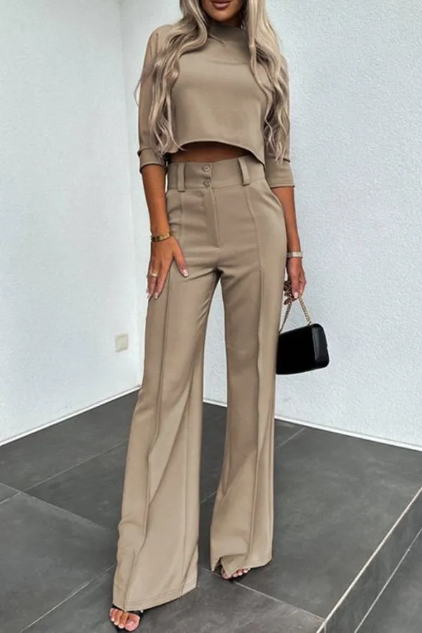 Luisa High Neck Half Sleeve Crop Top and High Rise Pocketed Flare Pants Set