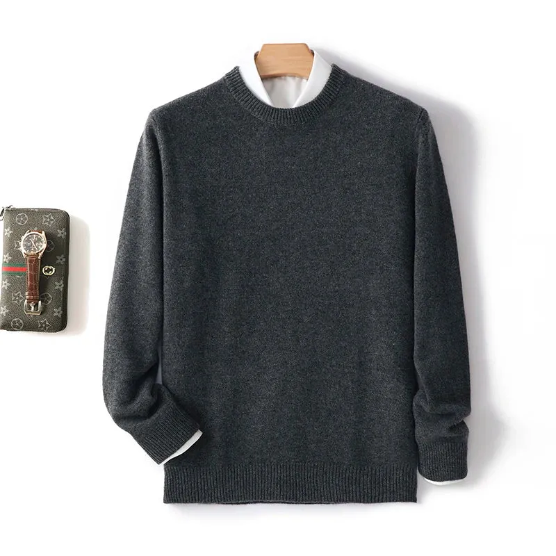 Men's 100% Pure Wool Cashmere Sweater O-Neck Pullover Knit Sweater Autumn and Winter New Long Sleeve High-End Jumpers Thick Tops