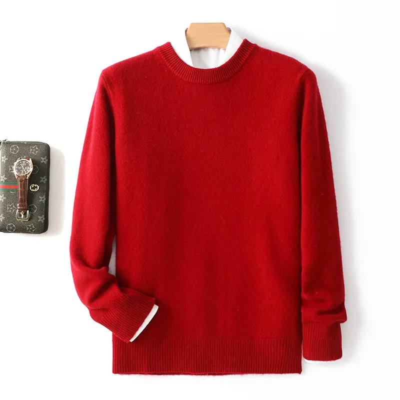 Men's 100% Pure Wool Cashmere Sweater O-Neck Pullover Knit Sweater Autumn and Winter New Long Sleeve High-End Jumpers Thick Tops