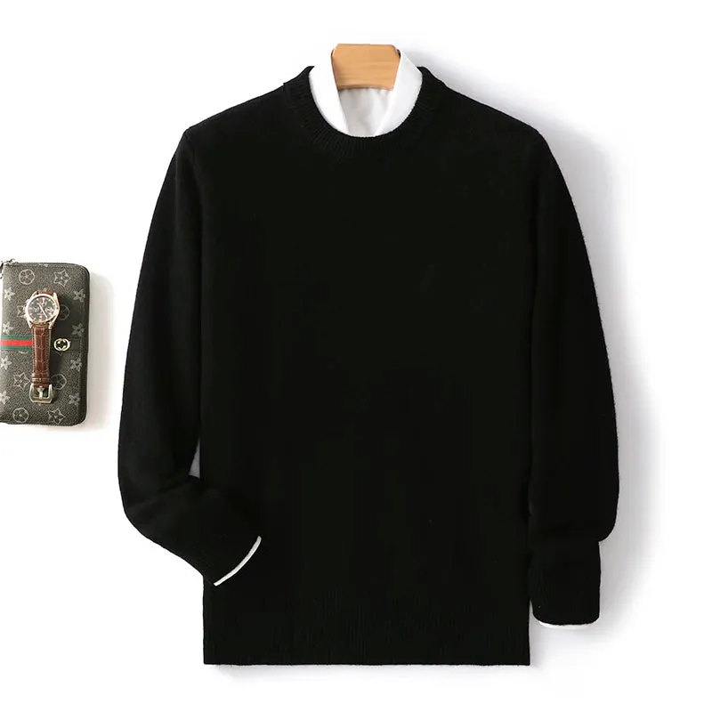 Men's 100% Pure Wool Cashmere Sweater O-Neck Pullover Knit Sweater Autumn and Winter New Long Sleeve High-End Jumpers Thick Tops