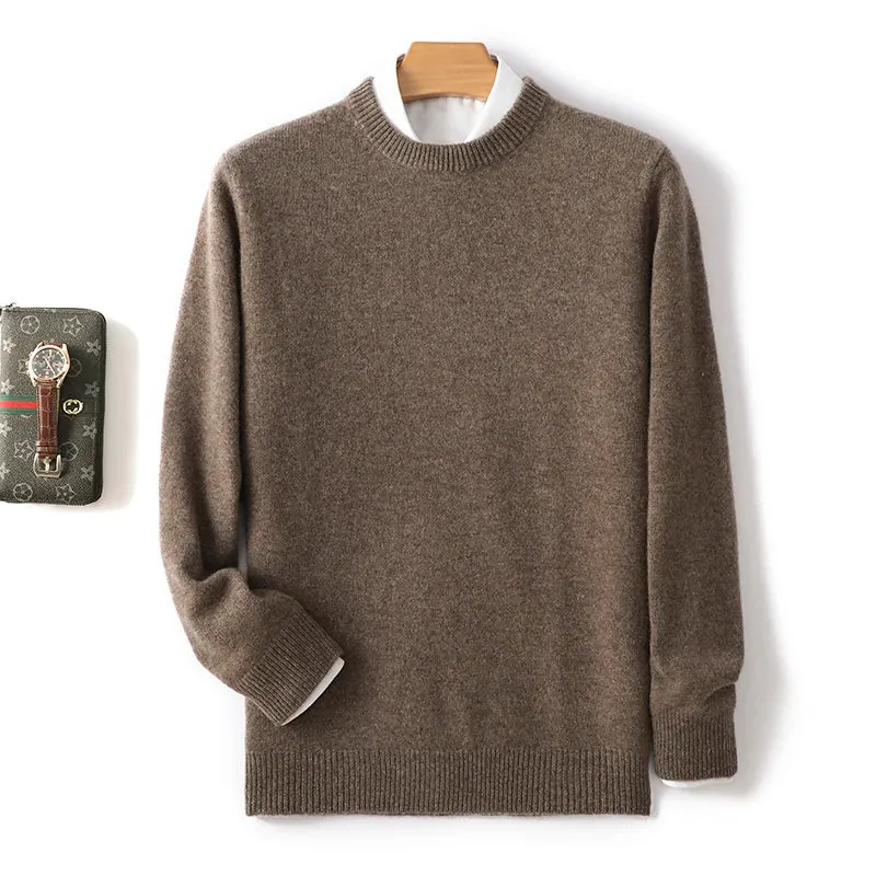 Men's 100% Pure Wool Cashmere Sweater O-Neck Pullover Knit Sweater Autumn and Winter New Long Sleeve High-End Jumpers Thick Tops