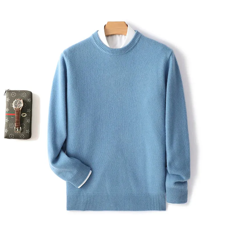 Men's 100% Pure Wool Cashmere Sweater O-Neck Pullover Knit Sweater Autumn and Winter New Long Sleeve High-End Jumpers Thick Tops