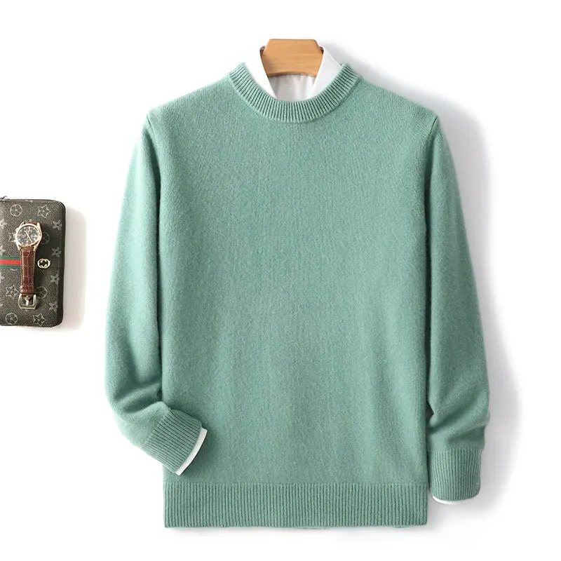 Men's 100% Pure Wool Cashmere Sweater O-Neck Pullover Knit Sweater Autumn and Winter New Long Sleeve High-End Jumpers Thick Tops