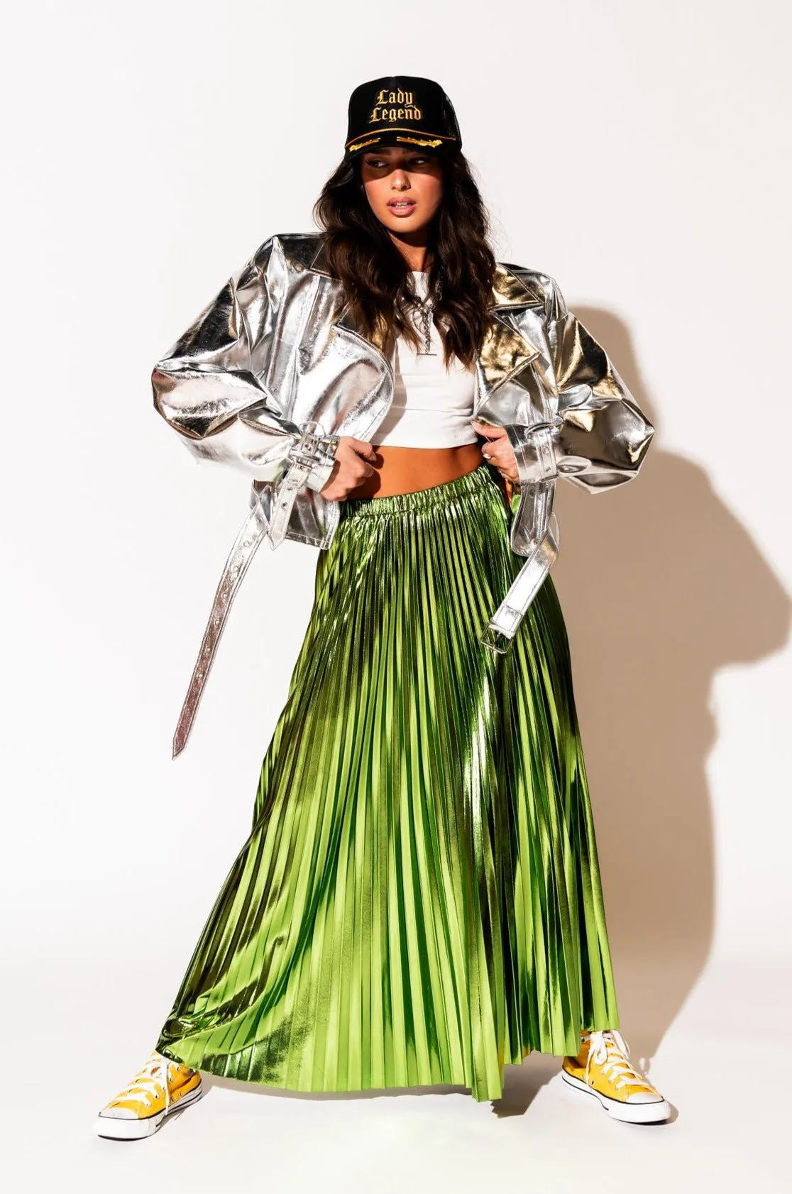 Metallic Pleated Midi Skirt in Electric Lime *RESTOCKED*