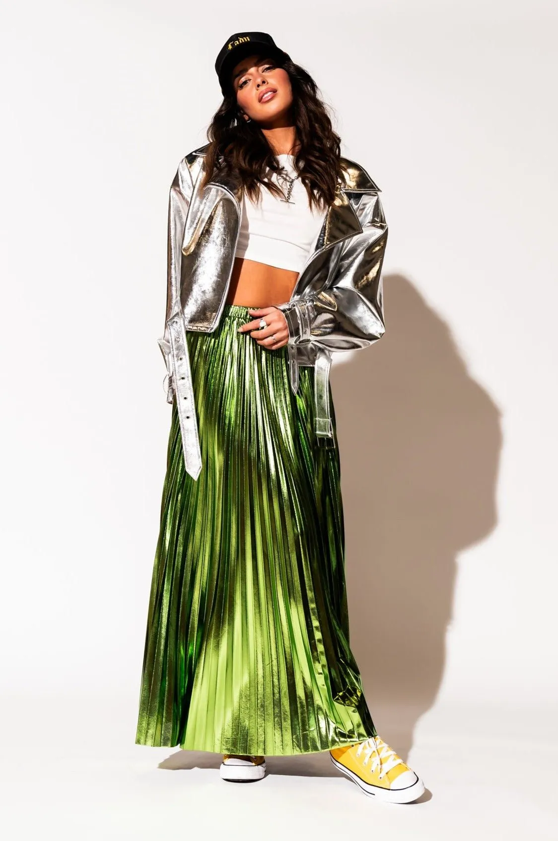 Metallic Pleated Midi Skirt in Electric Lime *RESTOCKED*