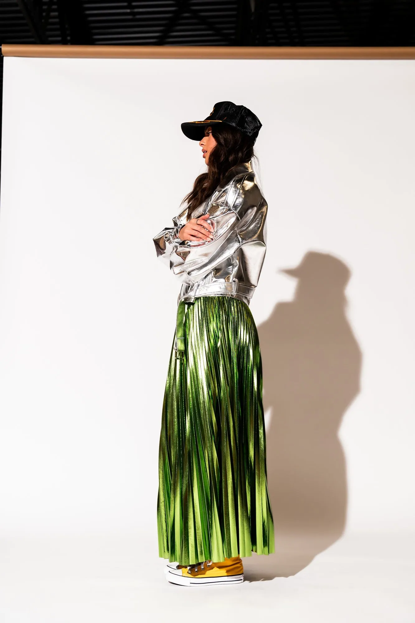 Metallic Pleated Midi Skirt in Electric Lime *RESTOCKED*