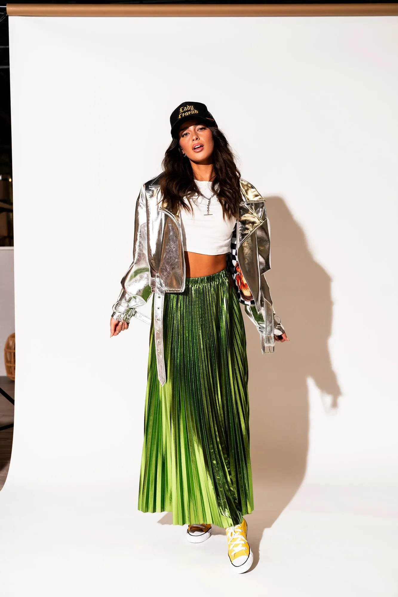 Metallic Pleated Midi Skirt in Electric Lime *RESTOCKED*