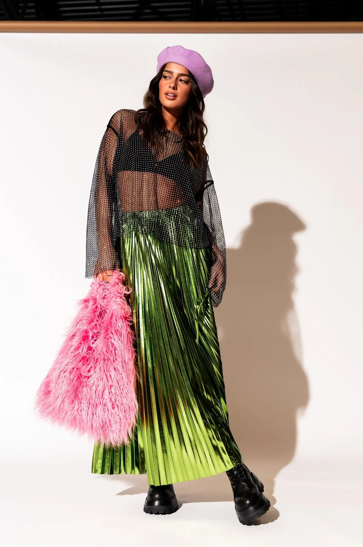 Metallic Pleated Midi Skirt in Electric Lime *RESTOCKED*