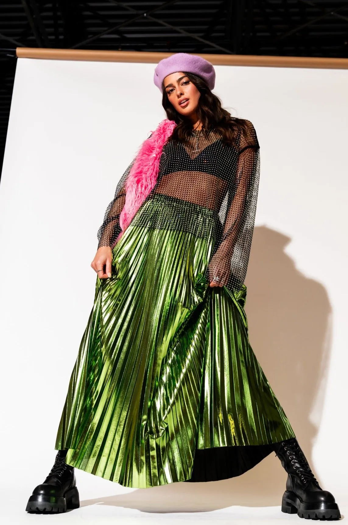 Metallic Pleated Midi Skirt in Electric Lime *RESTOCKED*